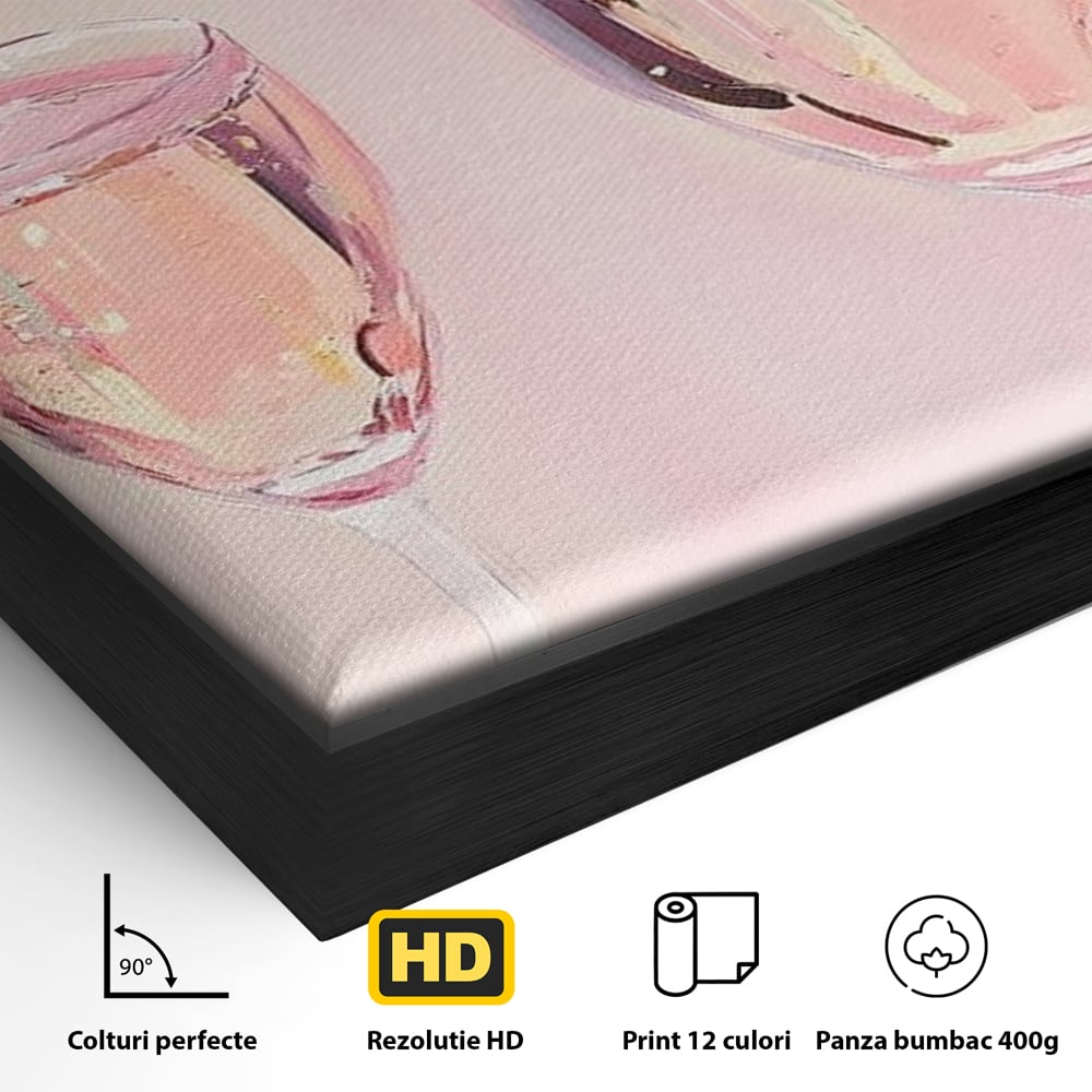 Detaliu al suprafetei: pictura cu sticla si pahare de sampanie roz, in rama de aluminiu negru